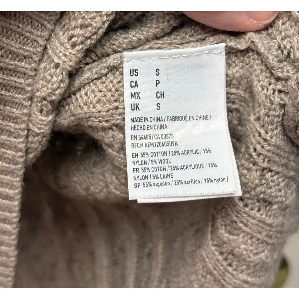 American Eagle Sweater, Crew Cable Knit, Light Brown Cotton Wool, Women's Size S